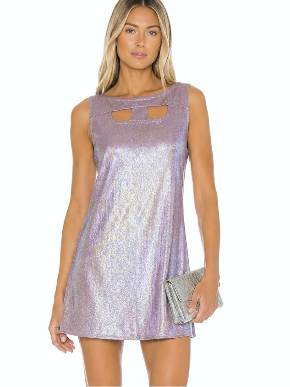 NWT Lili Sidonio x Molly Bracken Iridescent Cut Out Mini Dress in Lilac Size S
